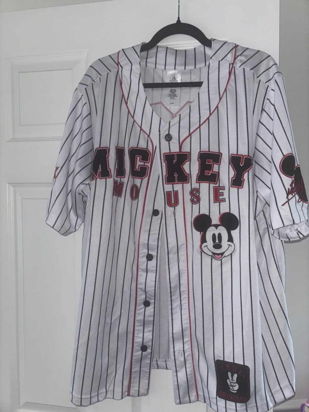 Disney Mickey Mouse Pinstripe Baseball Jersey - White, Black & Red
